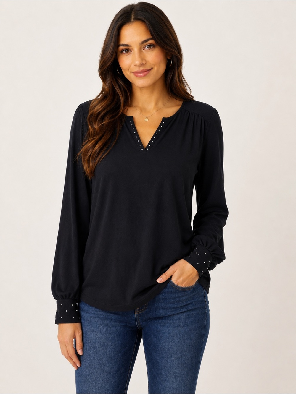 Chico’s Black Studded Split Neck Top Sz 2/L